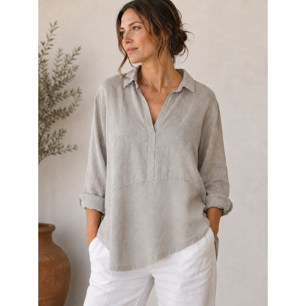 J.Jill Love Linen Beige V-Neck Asymmetrical Tunic Top XL Petite Lagonlook Relax